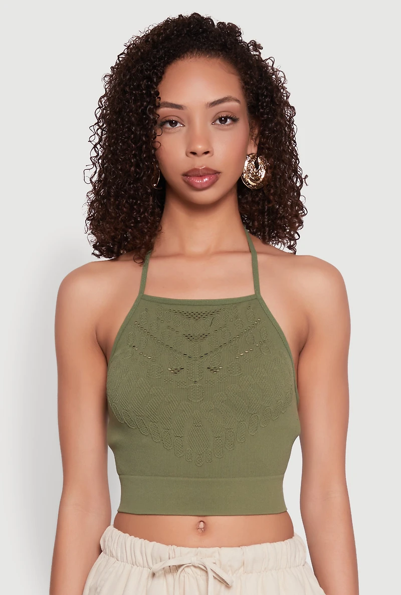 Womens Seamless Laser Cut Cropped Halter Top, Green, Size M
