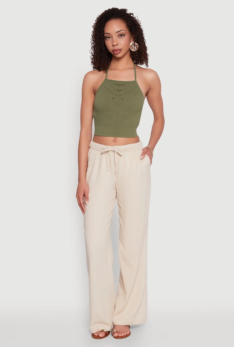Womens Seamless Laser Cut Cropped Halter Top, Green,