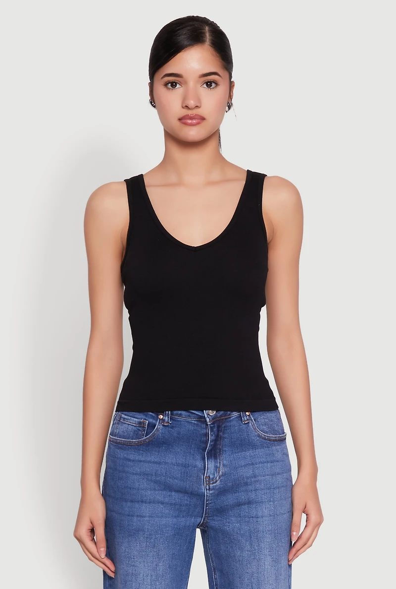 Womens Seamless Ribbed Knit V Neck Tank Top, L