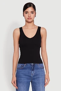 Womens Seamless Ribbed Knit V Neck Tank Top, L