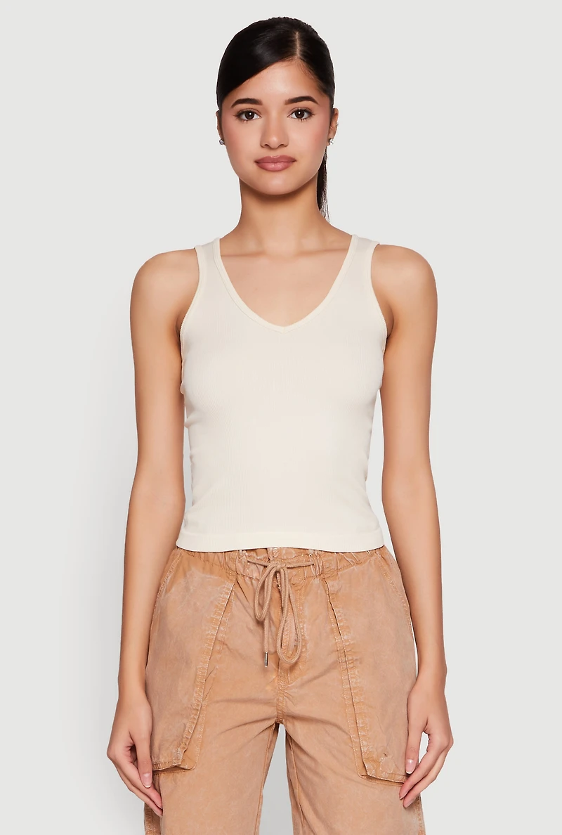 Womens Seamless Ribbed Knit V Neck Tank Top,