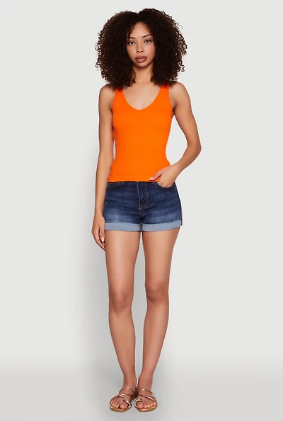 Womens Seamless Ribbed Knit V Neck Tank Top, Orange, Size L