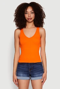 Womens Seamless Ribbed Knit V Neck Tank Top, Orange, Size L
