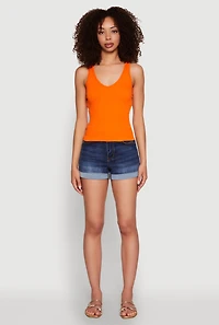 Womens Seamless Ribbed Knit V Neck Tank Top, Orange, Size L