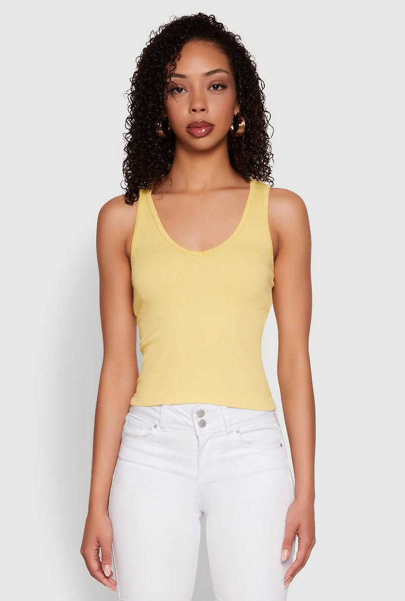 Womens Seamless Ribbed Knit V Neck Tank Top, Yellow,