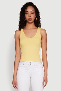 Womens Seamless Ribbed Knit V Neck Tank Top, Yellow,