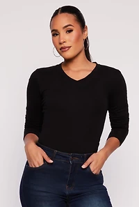 Womens V Neck Long Sleeve Tee, Black, Size L