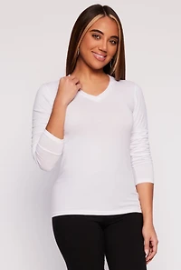 Womens V Neck Long Sleeve Tee, White, Size M