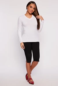 Womens V Neck Long Sleeve Tee, White, Size M