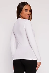 Womens V Neck Long Sleeve Tee, White, Size XL