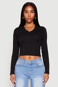 Womens V Neck Long Sleeve Crop Top, Black, Size M