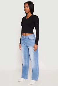 Womens V Neck Long Sleeve Crop Top, Black, Size M