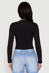 Womens V Neck Long Sleeve Crop Top, Black, Size M