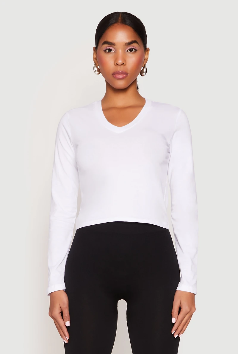 Womens V Neck Long Sleeve Crop Top, White,