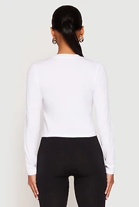 Womens V Neck Long Sleeve Crop Top, White, Size L