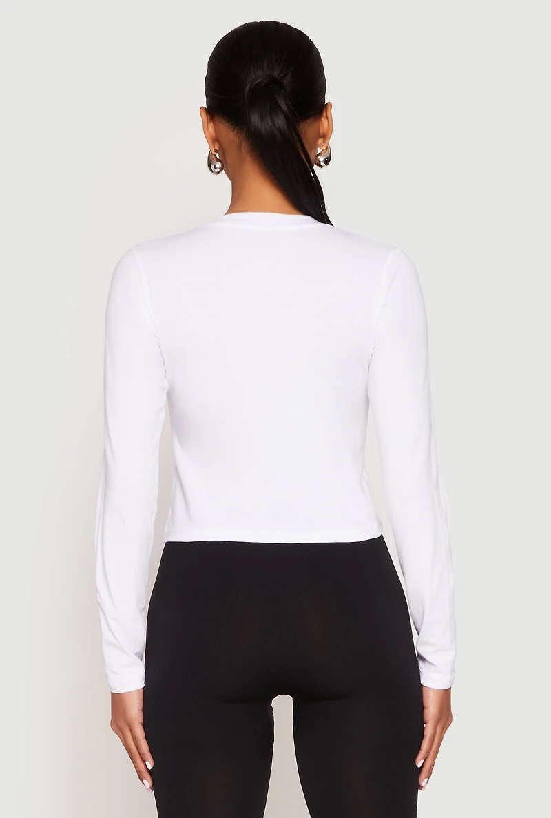 Womens V Neck Long Sleeve Crop Top, White, Size S