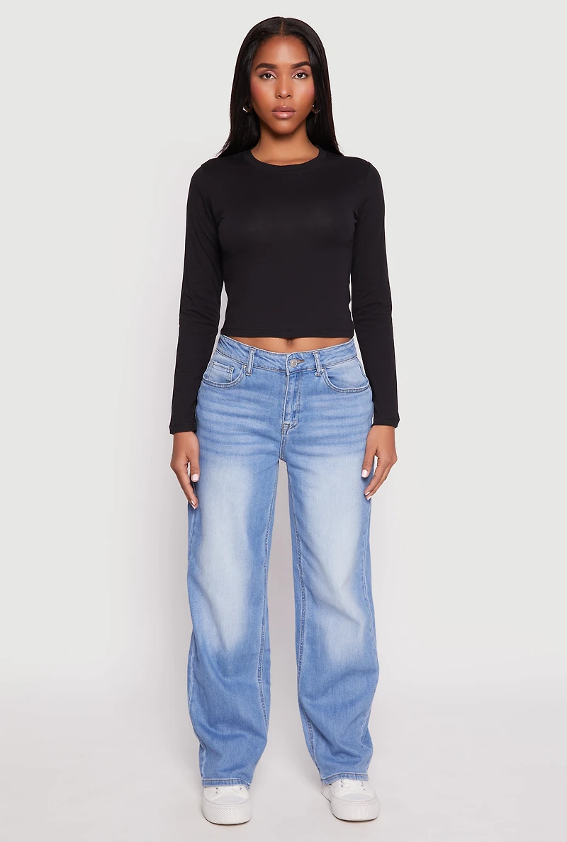 Womens Long Sleeve Crew Neck Crop Top, Black, Size M