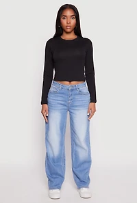 Womens Long Sleeve Crew Neck Crop Top, Black, Size M