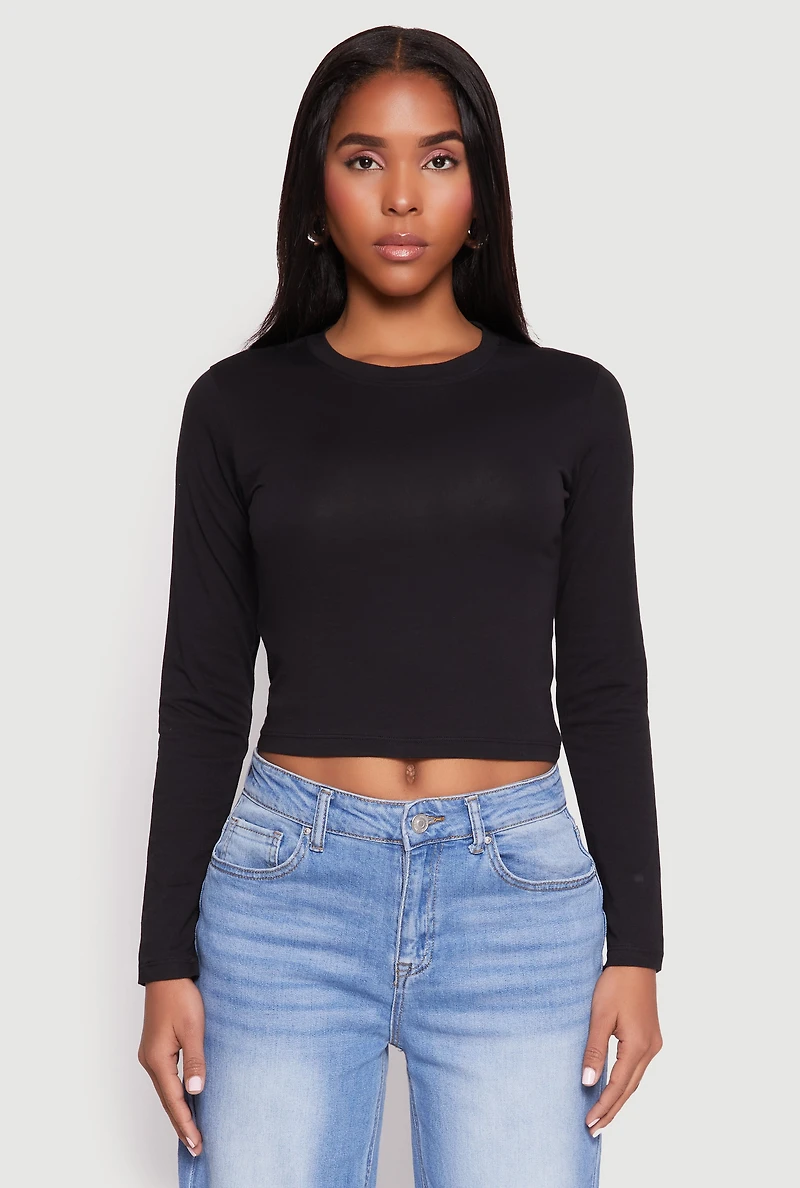 Womens Long Sleeve Crew Neck Crop Top, Black, Size M