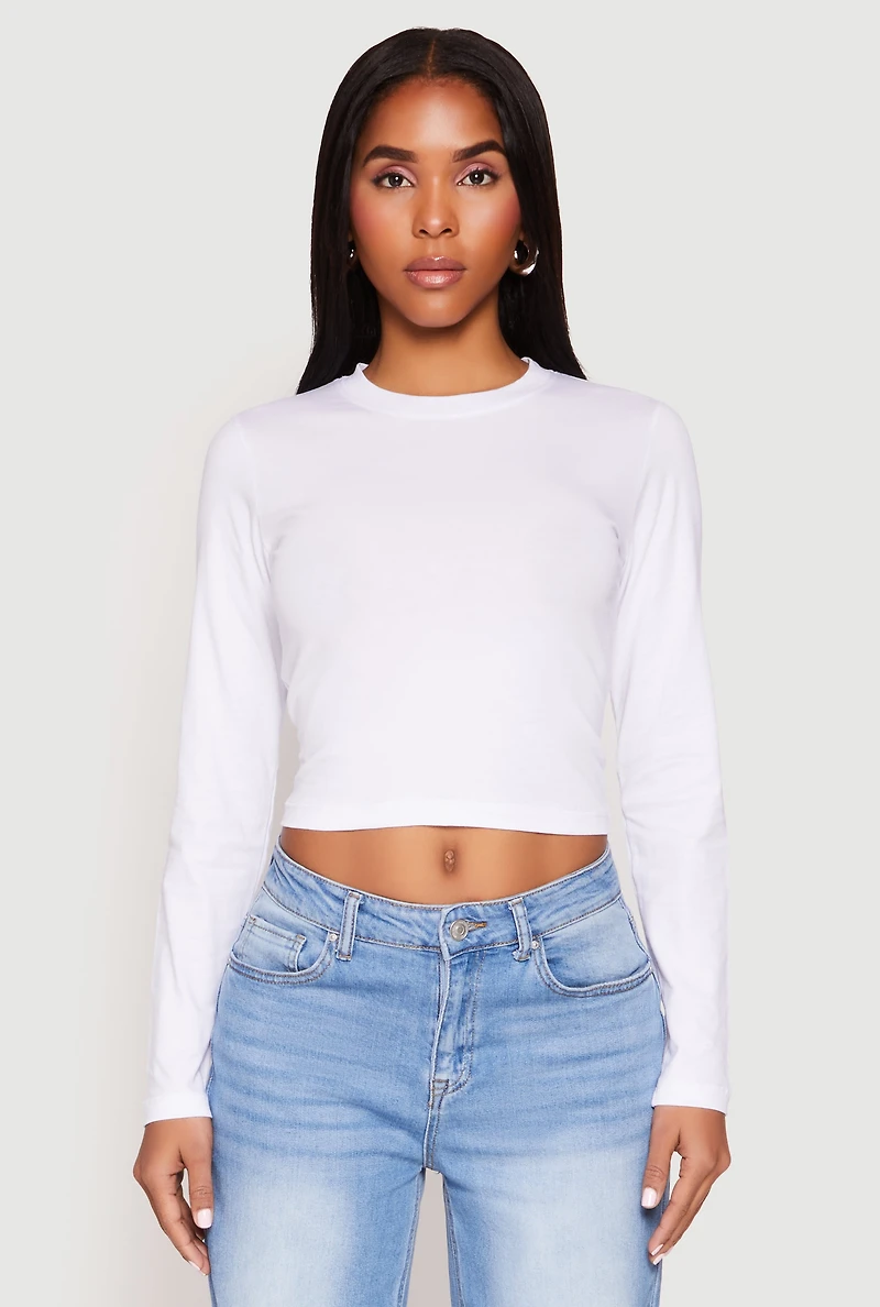 Womens Long Sleeve Crew Neck Crop Top, White, Size XL