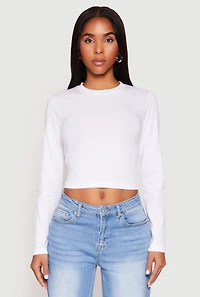 Womens Long Sleeve Crew Neck Crop Top, White, Size XL
