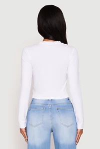 Womens Long Sleeve Crew Neck Crop Top, White, Size XL