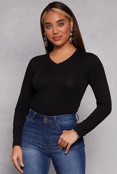 Womens Long Sleeve V Neck Tee, Black, Size L