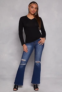 Womens Long Sleeve V Neck Tee, Black, Size M