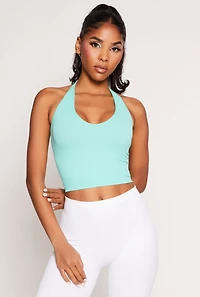 Womens Ribbed Knit Seamless Halter Top, Green, Size M-L