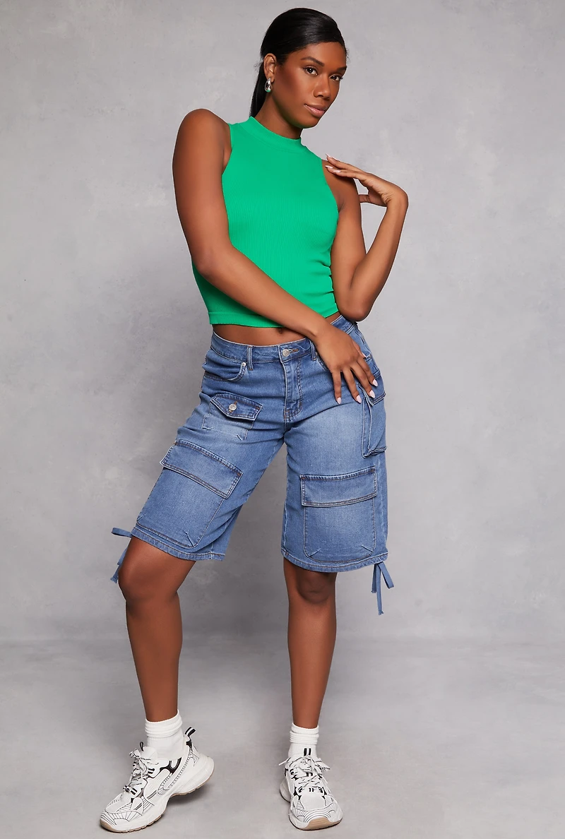 Womens Seamless Ribbed Knit Mock Neck Top,