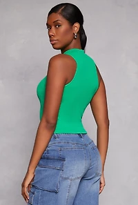 Womens Seamless Ribbed Knit Mock Neck Top, Green, Size L-XL