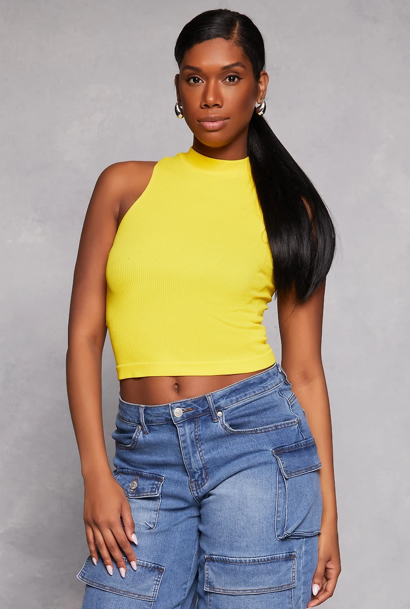 Seamless Ribbed Knit Mock Neck Top