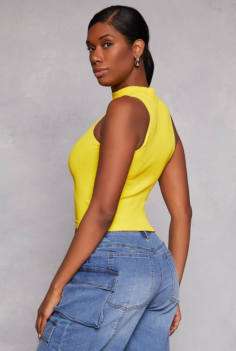 Womens Seamless Ribbed Knit Mock Neck Top, Yellow, Size S-M