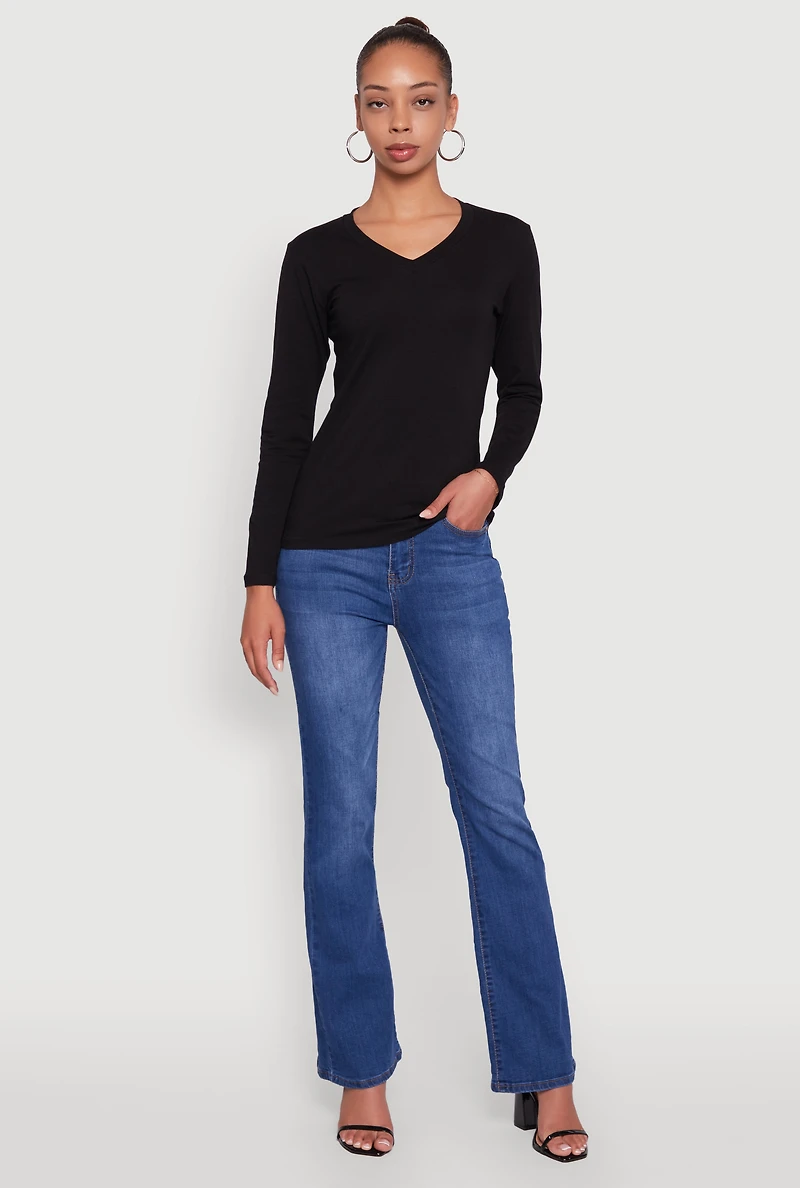 Womens V-Neck Long Sleeve Solid T-Shirt, Black, Size XL