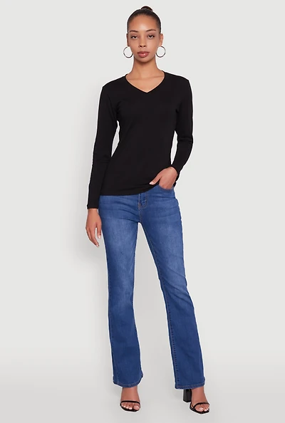 Womens V-Neck Long Sleeve Solid T-Shirt, Black, Size XL