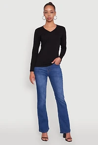 Womens V-Neck Long Sleeve Solid T-Shirt, Black, Size XL