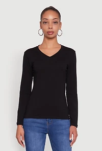 Womens V-Neck Long Sleeve Solid T-Shirt, Black, Size XL