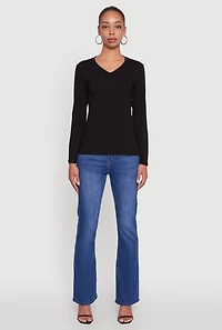 Womens V-Neck Long Sleeve Solid T-Shirt, Black, Size XL