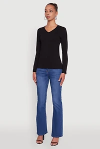 Womens V-Neck Long Sleeve Solid T-Shirt, Black, Size XL