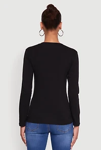 Womens V-Neck Long Sleeve Solid T-Shirt, Black, Size XL