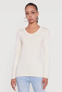 V-Neck Long Sleeve Solid T-Shirt
