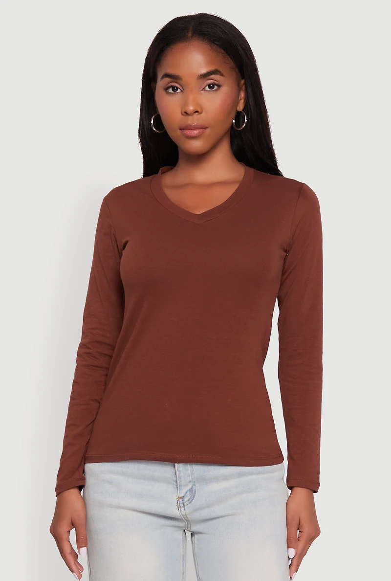 V-Neck Long Sleeve Solid T-Shirt