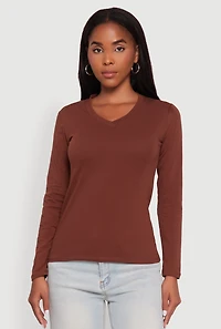 V-Neck Long Sleeve Solid T-Shirt