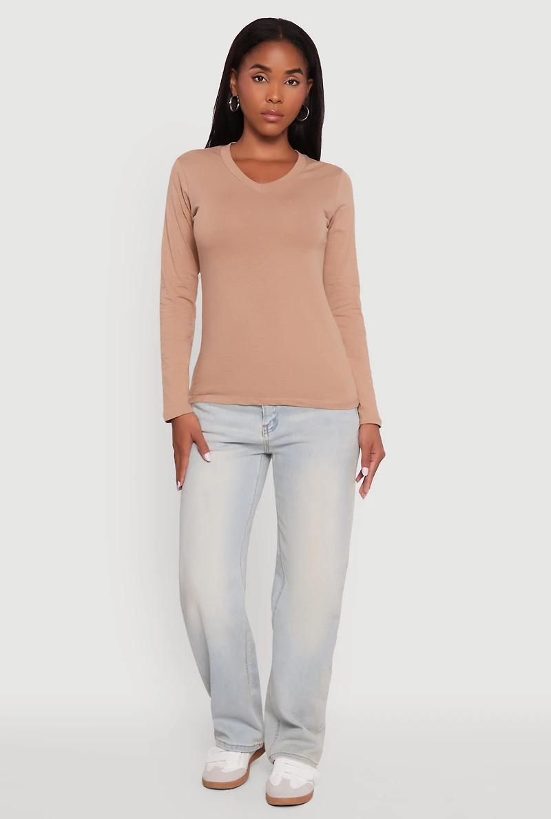 Womens V-Neck Long Sleeve Solid T-Shirt,