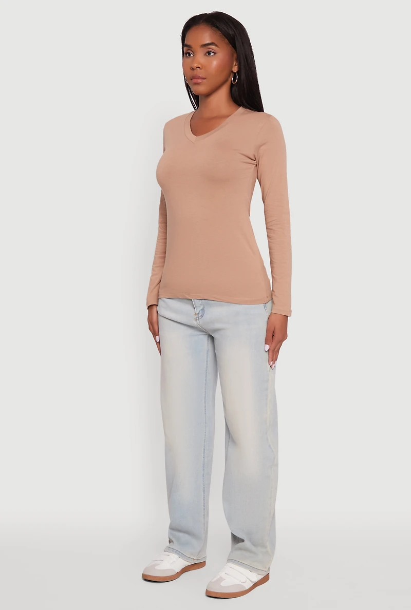 Womens V-Neck Long Sleeve Solid T-Shirt,