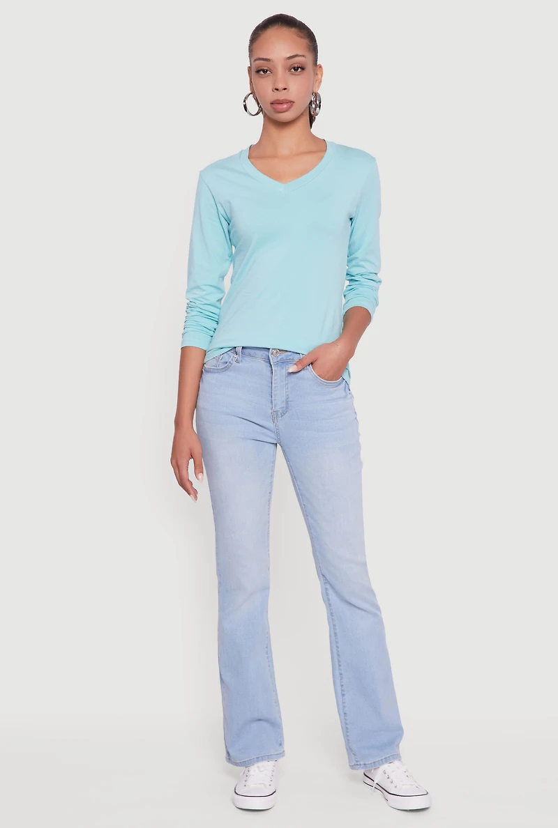 Womens V-Neck Long Sleeve Solid T-Shirt,