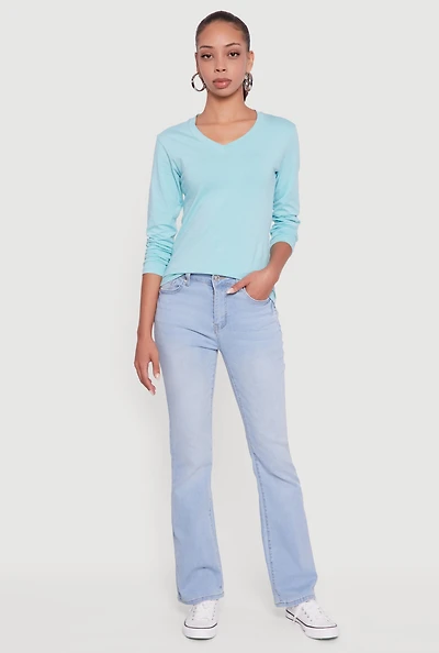Womens V-Neck Long Sleeve Solid T-Shirt,