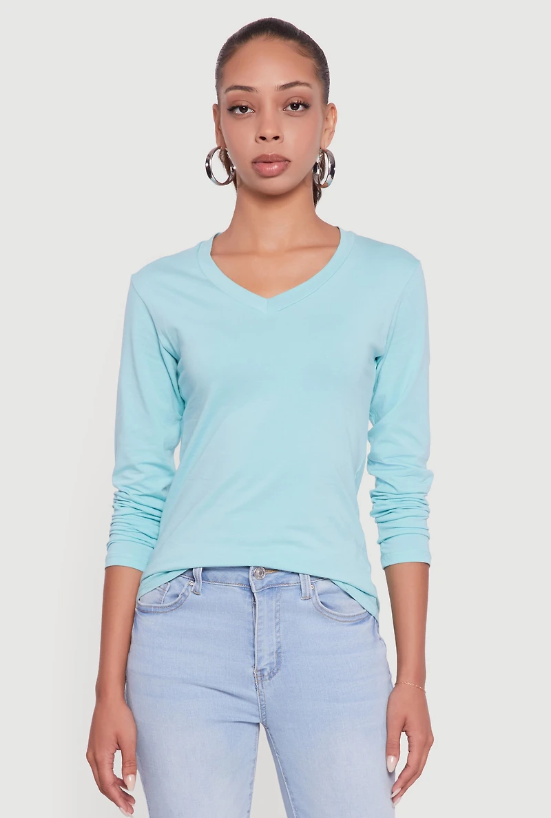Womens V-Neck Long Sleeve Solid T-Shirt,