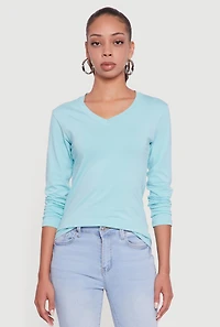 Womens V-Neck Long Sleeve Solid T-Shirt,