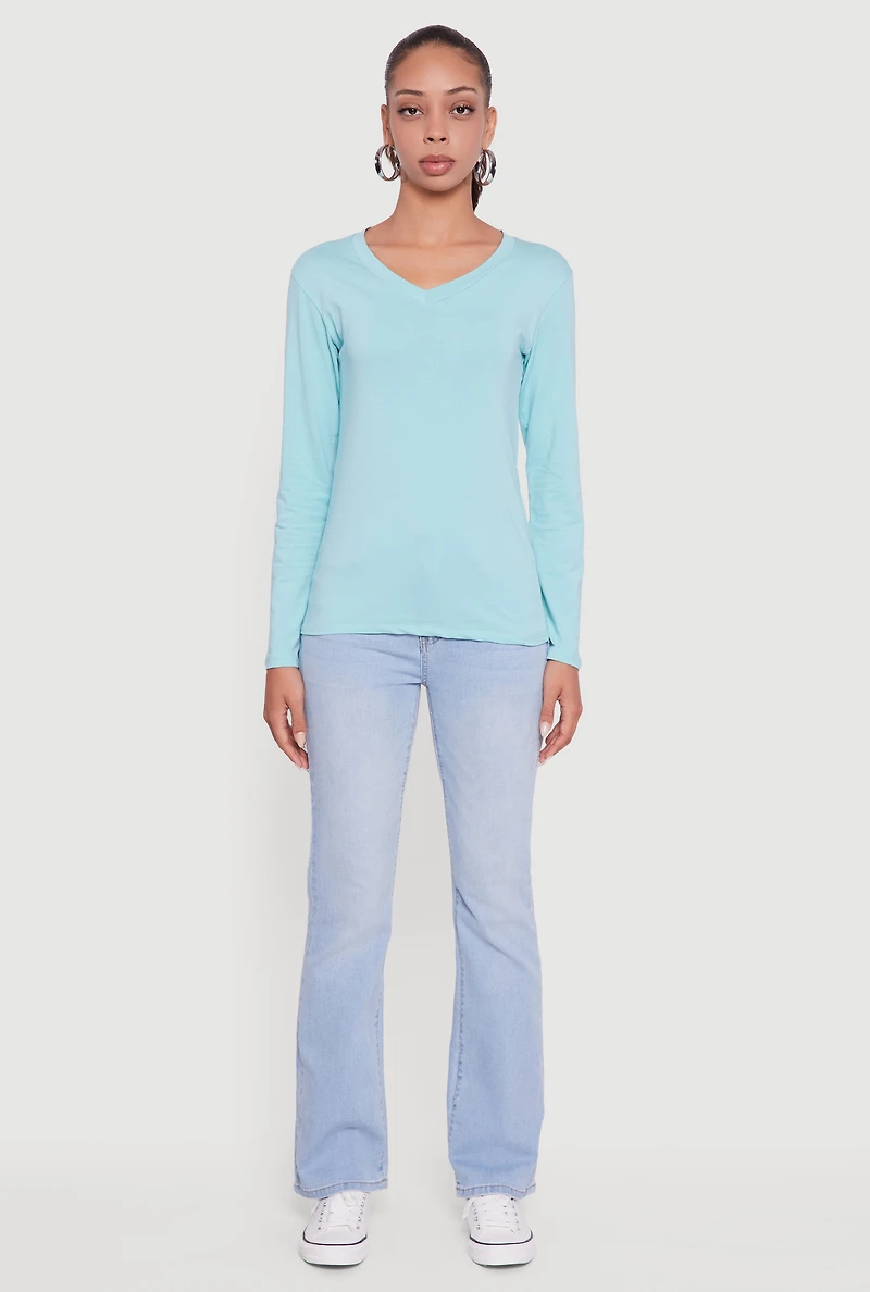 Womens V-Neck Long Sleeve Solid T-Shirt,